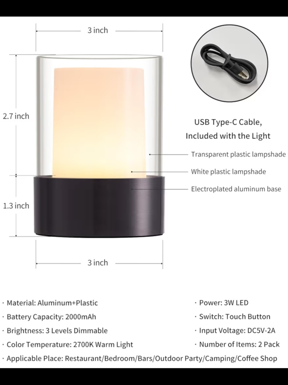 Cylinder LED Table Lamps - Set of 2, Soft And Warm, 3 Touch Levels, Rechargeable - Picture 4 of 6